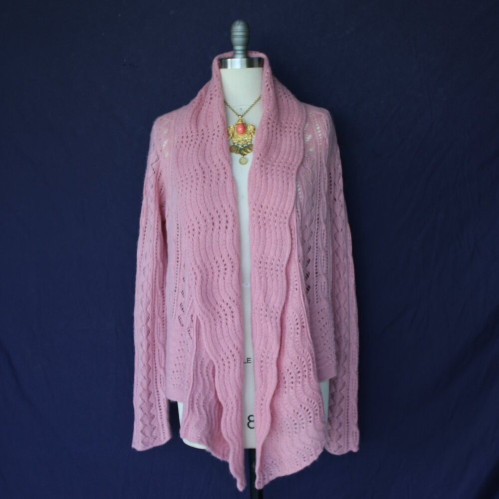 Calypso St Barth Cashmere Cardigan sweater waterfall pink crochet macreme nude M - Picture 2 of 9